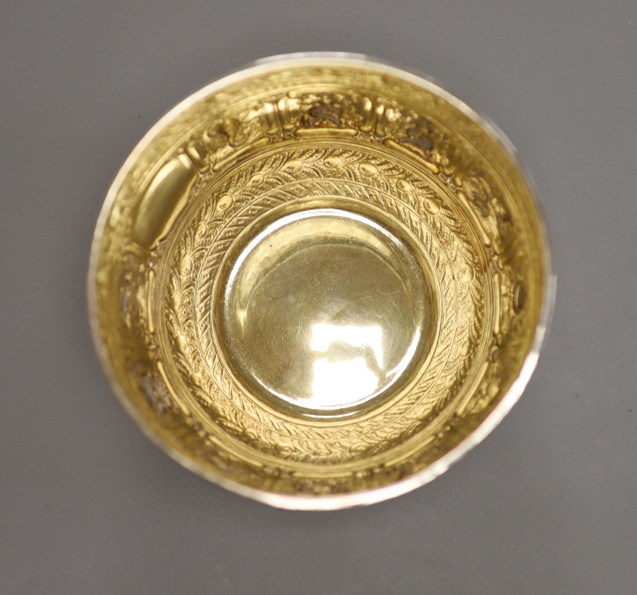 A Victorian silver 'zodiac' sugar bowl, Charles Boyton, London, 1880, height 6cm, 99 grams.